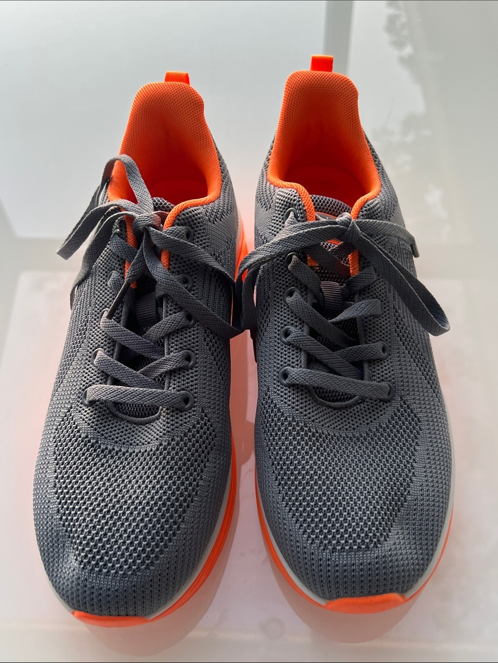 Gray Knit Sneakers with Orange Accents